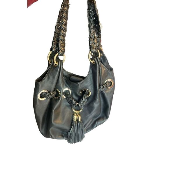 Michael Kors black leather hobo braided handle shoulder bag bucket tassel - Picture 3 of 8